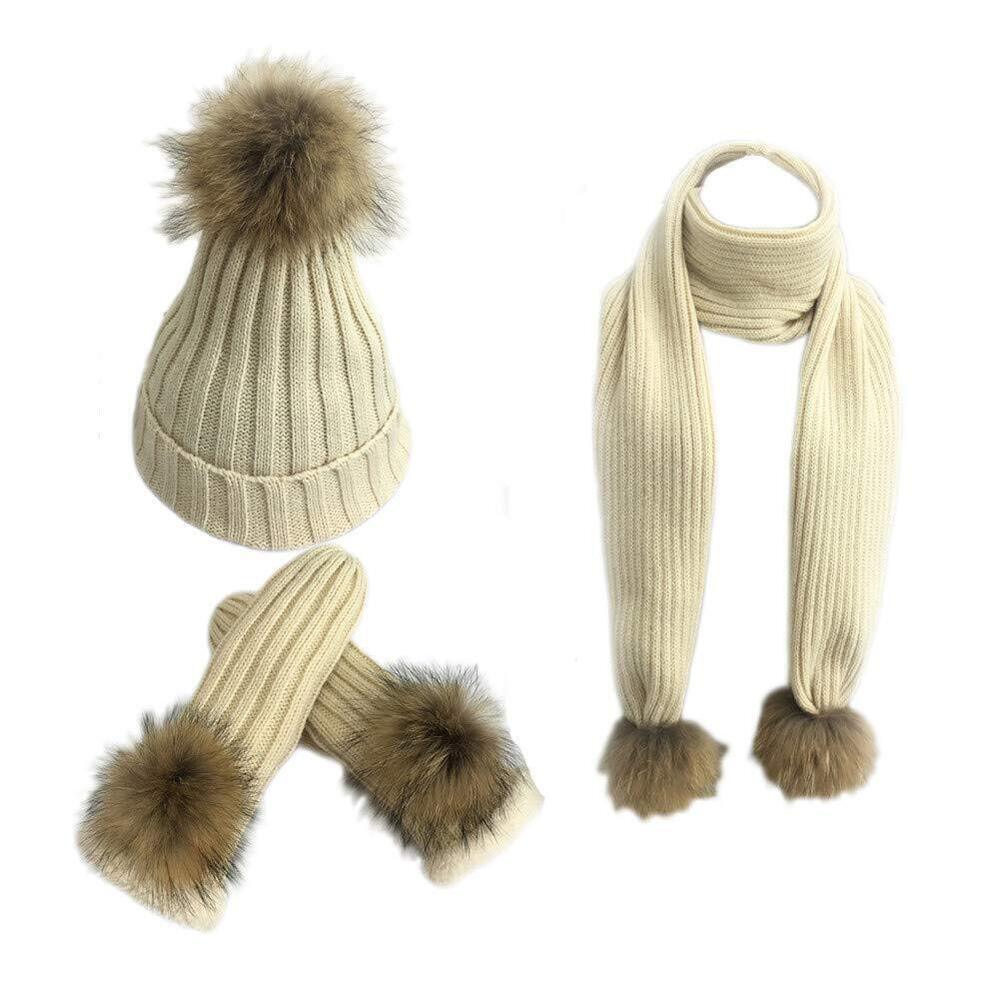 9312 Pom Pom Beanie Hat Scarf Gloves Set Winter Thick Knitted 3 piece